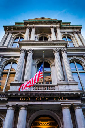 Looking up at Old City Hall in Boston, Massachusetts.